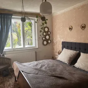 V modrém pokoji je za postelí stěna se zbytky původní výmalby. 
