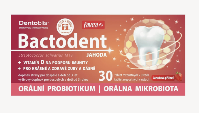 Doplněk stravy ve formě tablet rozpustných v ústech Bactodent obsahuje probiotickou orální kulturu Streptococcus salivarius M18, která je přirozenou součástí mikrobioty dutiny ústní. Tento doplněk stravy podporuje zdraví mléčných i stálých zubů i dásní a je obohacen o vitamin D pro normální funkci imunitního systému. 429 Kč

