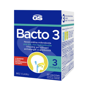 GS Bacto 3 je nové orální probiotikum s vitaminem D na podporu imunity sliznic krku, nosu a středouší. Obsahuje 3 speciální probiotické kmeny, 3 miliardy prospěšných bakterií, které kolonizují horní cesty dýchací již 3 dny po podání. Pro podporu ORL zdraví, při užívání antibiotik, antialergik a pro dlouhodobé zdraví dutiny ústní. 269 Kč
