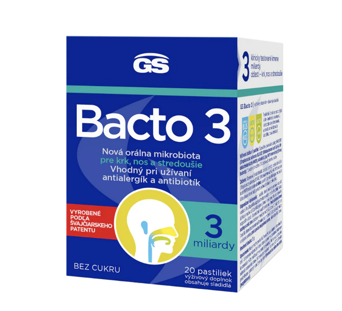 GS Bacto 3 je nové orální probiotikum s vitaminem D na podporu imunity sliznic krku, nosu a středouší. Obsahuje 3 speciální probiotické kmeny, 3 miliardy prospěšných bakterií, které kolonizují horní cesty dýchací již 3 dny po podání. Pro podporu ORL zdraví, při užívání antibiotik, antialergik a pro dlouhodobé zdraví dutiny ústní. 269 Kč
