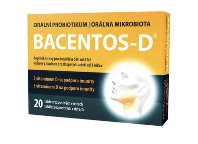Orální probiotikum BACENTOS-D obsahuje probiotickou kulturu, která pomáhá obnovovat přirozenou mikrobiální rovnováhu v ústech + vitamin D pro podporu imunity. 329 Kč
