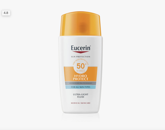 Opalovací fluid na obličej SPF 50+ s nelepivou texturou Eucerin Hydro Protect, 685 Kč (50 ml), prodává Dr. Max
