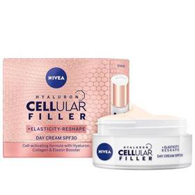 Denní krém Hyaluron Cellular Filler + Elasticity‐ Reshape (NIVEA, 50 ml, 450 Kč) Intenzivně bojuje protivráskám. Zlepšuje pružnost pleti a obnovuje její sílu. SPF 30 chrání pleť před stárnutím vlivem slunečního záření.
