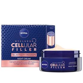 Noční krém Hyaluron Cellular Filler + Elasticity ‐ Reshape (NIVEA, 50 ml, 450 Kč). Bohaté složení se vstřebá do pleti během noci a poskytuje jí hloubkovou výživu a regeneraci. Viditelně redukuje i hluboké vrásky.

