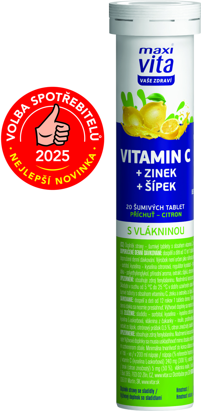Maxi Vita Vitamin C + zinek + šípek, www.nasevitaminy.cz, 44,90 Kč

Volba spotřebitelů – Nejlepší novinka 2025

Nové šumivé vitaminy s vlákninou a přírodní ovocnou složkou s příchutí citronu podporují obranyschopnost organizmu díky obsahu vitaminu C, zinku a šípku. Zinek je účinný antioxidant, který pomáhá činnosti imunitního systému. Stejně jako šípek, který je ceněný pro vysoký obsah vitaminu C a podporu obranyschopnosti. Tablety jsou bez cukru.
