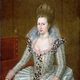 Ukázka barokní módy na róbě královny Anny Dánské (Anne of Denmark, 1574–1619)
