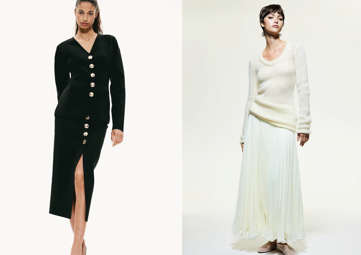 Tenká plisovaná sukně, H&M, 1 199 Kč, pouzdrová sukně z jemného úpletu, H&M, 1 459 Kč
