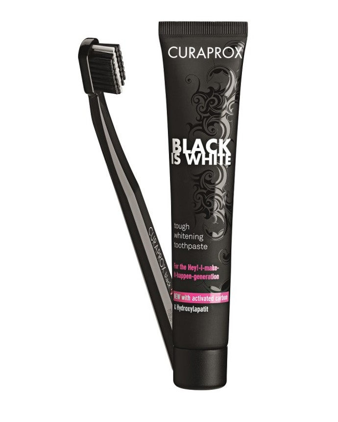 Černá bělící zubní pasta Curaprox Black is White
 
Existují ve dvou variantách: “Black is White" s osvěžujícím citrusovým aroma nebo "White is Black" zvlášť jemné chuti. Bělící účinek těchto černých zubních past spočívá ve schopnosti aktivního uhlí vázat na sebe nečistoty a částice způsobující zbarvení zubů a šetrně je odstraňovat. Na rozdíl od běžných výrobků zde nejsou obsaženy látky způsobující abrazi (oděr) nebo poškození z důvodu chemického bělení. Díky tomu je zachováno zdraví dutiny ústní.

Pasta je v prodeji v balení s kartáčkem CS 5460 za 670,- Kč