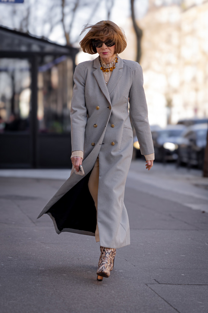 Anna Wintour oblékla na pařížský fashion week mimo jiné dvouřadý kostičkovaný kabát a kozačky se zvířecím vzorem.
