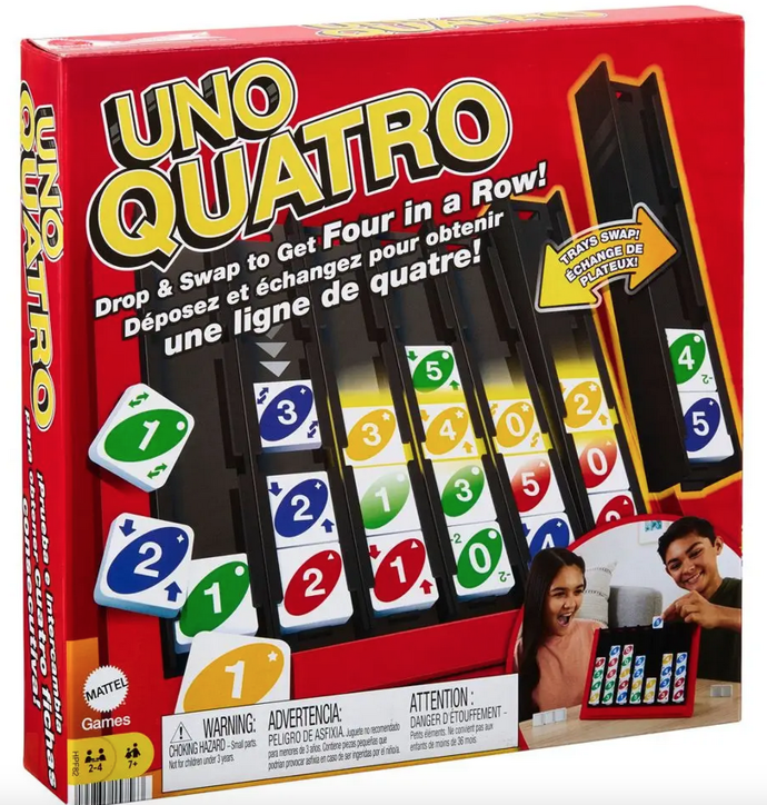 Karetní hra UNO Quatro vychází z karetní hry UNO. UNO Quatro kombinuje strategii přiřazování barev nebo čísel s výzvou získat čtyři v řadě a navíc speciální karty umožňují přesouvat karty a zásobníky, takže se situace může během jednoho tahu zcela změnit, 199 Kč
Karetní hra UNO Quatro vychází z karetní hry UNO. UNO Quatro kombinuje strategii přiřazování barev nebo čísel s výzvou získat čtyři v řadě a navíc speciální karty umožňují přesouvat karty a zásobníky, takže se situace může během jednoho tahu zcela změnit, 199 Kč