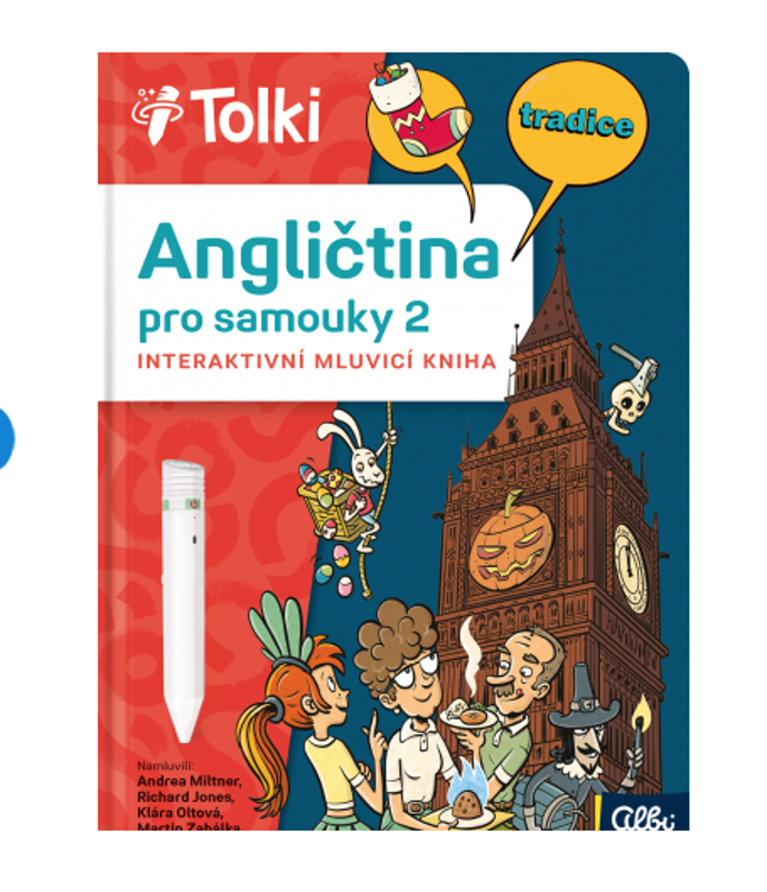 Angličtina pro samouky navazuje na první knihu z unikátního zábavně-vzdělávacího konceptu Tolki, díky kterému se dospělí a starší děti poutavou formou dozví spoustu zajímavých a užitečných informací. Chcete se dozvědět zajímavosti o anglických tradicích, recepty na tradiční jídlo a pití, poslechnout si písničky a přitom se zábavně a přirozeně učit anglicky? S Angličtinou pro samouky si rozšíříte slovní zásobu, poslechem a četbou si osvojíte výslovnost, kterou si můžete procvičit za pomoci ikony nahrávání. Získané znalosti si můžete otestovat v mnoha kvízech.
Angličtina pro samouky navazuje na první knihu z unikátního zábavně-vzdělávacího konceptu Tolki, díky kterému se dospělí a starší děti poutavou formou dozví spoustu zajímavých a užitečných informací. Chcete se dozvědět zajímavosti o anglických tradicích, recepty na tradiční jídlo a pití, poslechnout si písničky a přitom se zábavně a přirozeně učit anglicky? S Angličtinou pro samouky si rozšíříte slovní zásobu, poslechem a četbou si osvojíte výslovnost, kterou si můžete procvičit za pomoci ikony nahrávání. Získané znalosti si můžete otestovat v mnoha kvízech.