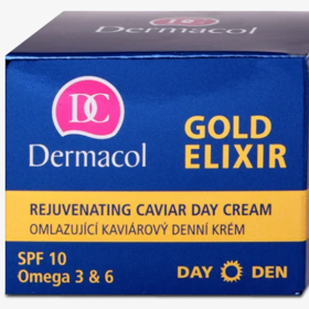 Gold Elixir omlazující kaviárový denní krém je speciálně vyvinut pro potřeby velmi zralé pleti, která poklesem hormonální aktivity ztrácí pevnost a pružnost. Složení s výtažkem z kaviáru podporuje proces obnovy a regenerace buněčné struktury pleti a přispívá ke zpomalení procesu jejího stárnutí. Obsažený výtažek z cibulky narcisu vyplňuje hluboké vrásky a zvyšuje pružnost a pevnost pokožky. Omega-3 a 6 mastné kyseliny dodávají suché pleti výživu a obnovují kožní bariéru. Vzácné oleje s bambuckým máslem hydratují pokožku, která si tak zachovává vláčnost. Navíc obsahuje Dermacol Gold Elixir omlazující kaviárový denní krém UV filtry, beta-karoten a vitamín E pro ochranu pleti před negativními účinky slunečního záření. 259 Kč
