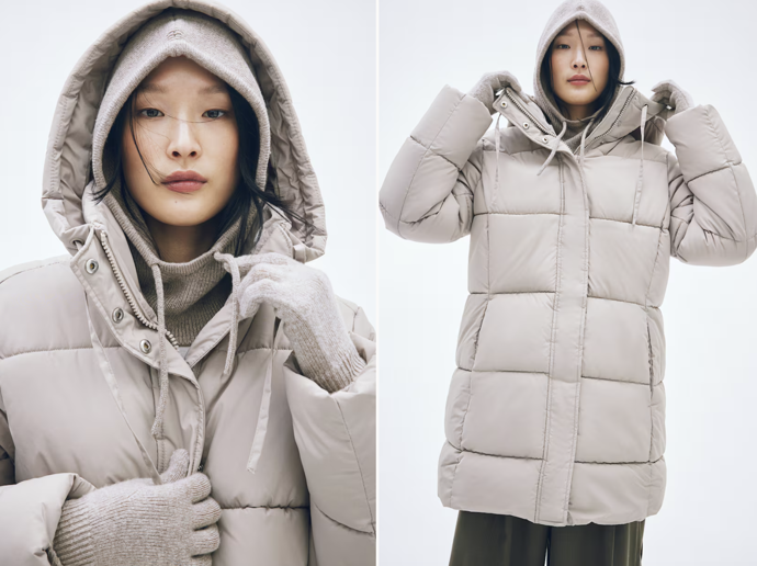Vatovaný kabát s kapucí, béžová a černá, H&M, 1 459 Kč
