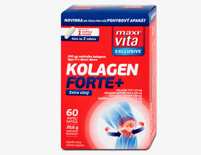 Maxi Vita Exclusive Kolagen Forte+ nabízí kombinaci aktivních látek, z nichž každá může pohybovému aparátu významně prospět. Kolagen je základní stavební hmota všech pojivových tkání. Je důležitý nejen pro pohybový aparát, ale i pro vzhled a kvalitu pokožky. Kolagen typ II je obsažen zejména v kloubních chrupavkách, kde zajišťuje jejich pevnost a odolnost. V preparátu je přítomen v přirozené nativní formě, která je pro lidský organismus velmi příznivá. Kolagen typ I se podílí se na struktuře šlach, vazů, kostí a kůže. Vitamin C je nepostradatelný pro tvorbu kolagenu a tím i pro strukturu chrupavek, kůže, kostí, dásní, zubů a krevních cév. Extrakt z Boswellia serrata díky obsaženým látkám pomáhá udržet klouby v dobrém stavu. 182 Kč
