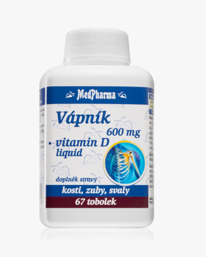 Vápník 600 mg + vitamin D-liquid, 67 kapslí, 162 Kč
