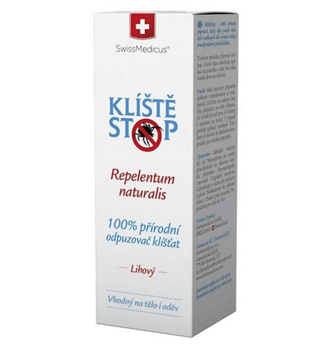 SWISSMEDICUS přírodní repelent KlíštěStop obsahuje účinné rostlinné silice, které působí odpudivě na klíšťata. 299 Kč
