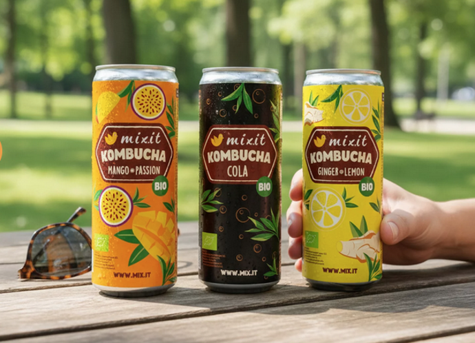BIO kombucha Ginger & Lemon, Mango & Passion Fruit a Cola, 49 Kč

