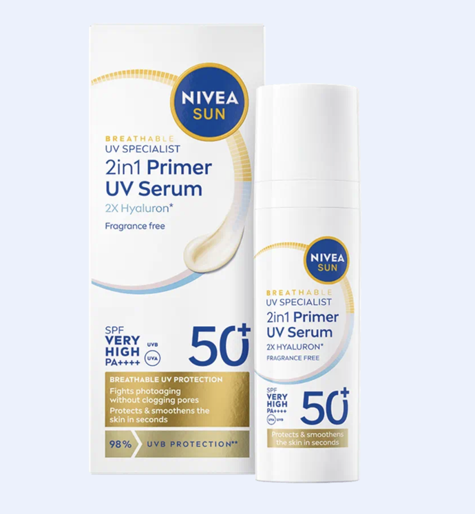 Chraňte svou pleť před sluncem lehkým sérem s vysokým SPF 50+, které zároveň slouží jako podklad pod make-up. Toto nemastné složení s kyselinou hyaluronovou nelepí, okamžitě se vstřebává a chrání pleť před UVA/UVB, modrým světlem a fotostárnutím. Vyzkoušejte: UV Sérum Primer 2v1 SPF 50+. 259 Kč
