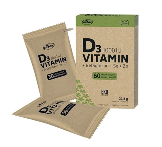 Doplněk stravy Vitar EKO Vitamin D3 1000 IU + betaglukany, zinek a selen. Vitamin D, selen a zinek přispívají ke správné funkci imunitního systému. 183 Kč
