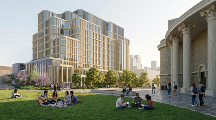 Návrh budovy Temerty Building, nového zařízení pro výzkum a vzdělávání v oblasti zdraví v srdci univerzitního kampusu. Projekt navrhly architektonické kanceláře MVRDV a Diamond Schmitt Architects ve spolupráci se společností Two Row Architect.
Návrh budovy Temerty Building, nového zařízení pro výzkum a vzdělávání v oblasti zdraví v srdci univerzitního kampusu. Projekt navrhly architektonické kanceláře MVRDV a Diamond Schmitt Architects ve spolupráci se společností Two Row Architect.