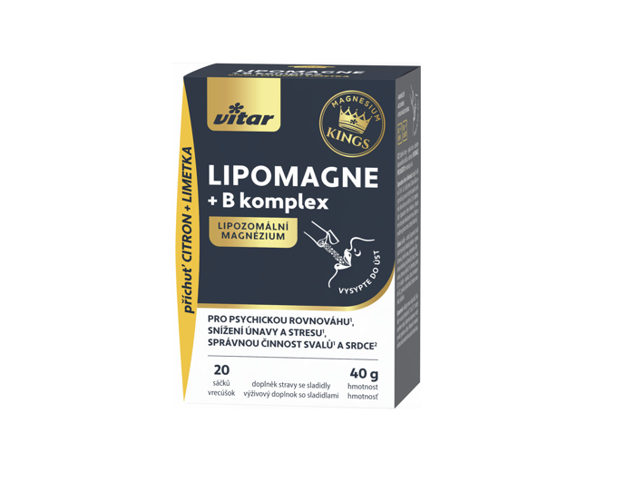 Vitar Kings Lipomagne + B komplex - stick pack

Každý sáček obsahuje jednu dávku sypké směsi s příchutí citron+limetka, která obsahuje inovativní formu organicky vázaného hořčíku zapouzdřeného do lipozomů. Navíc je obohacena o vitaminy B1, B2 a B6.

Cena: 189 Kč

www.vitar.cz
