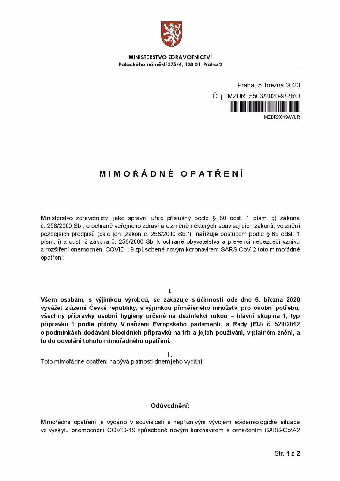 Mimořádné opatření vydané ministerstvem zdravotnictví.