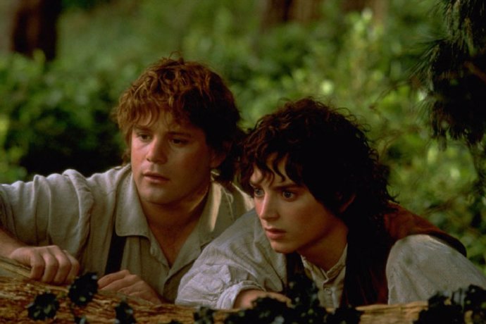 Sean Astin jako Sam a Elijah Wood jako Frodo v Pánovi prstenů od Petera Jacksona.