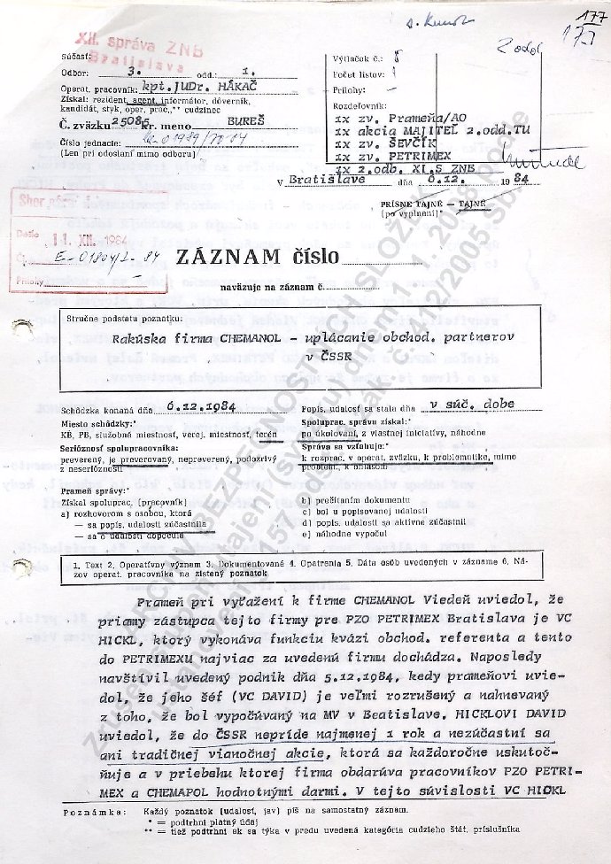 Schůzka s agentem Burešem z prosince 1984. Záznam zpracoval příslušník StB František Hákač.