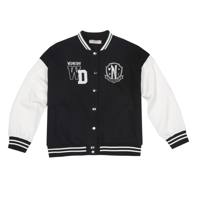 College bunda pro dívky s motivy oblíbené postavy Wednesday. C&A, 998 Kč