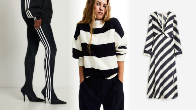 Trend podzimu 2023: Černo-bílé proužky zdobí sukně, topy i maxišaty. Nosí se všemi směry a v jakémkoliv pojetí