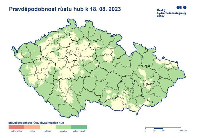 Pravděpodobnost růstu hub k 18. 8. 2023. Rostly, ale ne všude.