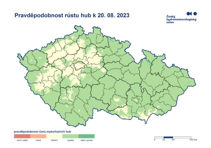 Pravděpodobnost růstu k hub k 20. 8. 2023. Aneb kde aktuálně rostou houby.