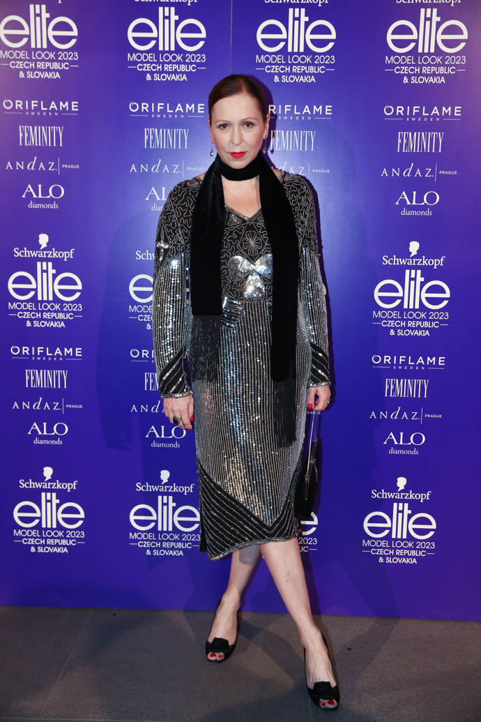 Herečka Zuzana Stivínová se blýskala ve stříbrno-černých flitrovaných šatech ve stylu 30. let, které doplnila elegantním šálem.