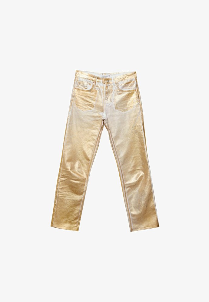 Zlatavé džíny s metalickým nátěrem. Stradivarius, 1 199 Kč