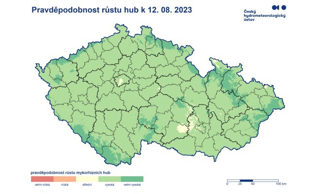 Pravděpodobnost růstu hub k 12. 8. 2023. Je vidět, že v první polovině měsíce srpna byla situace výrazně lepší.
