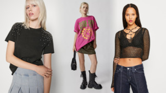 Mladistvý a divoký: Rockerský styl je na podzim trendy. Triko i boty se cvočky, široké džíny a síťované punčochy