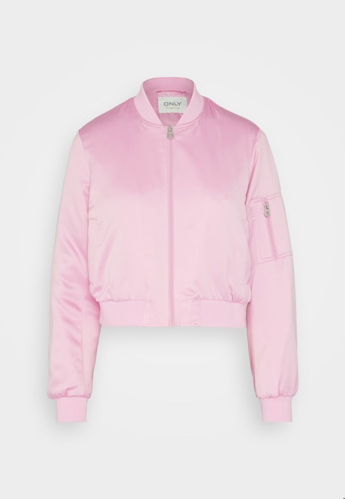 Zkrácený růžový saténový bomber, Only, 999 Kč.