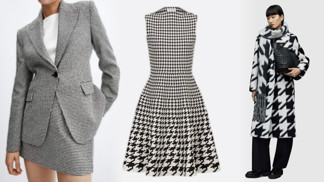 Kohoutí stopa v černobílém provedení opět boduje: V mega velikostech na kabátu i kabelce, v tradiční na šatech i saku