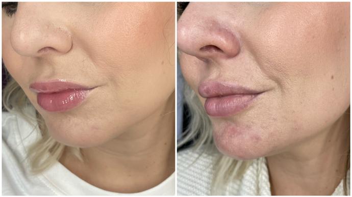 Na snímku vidíte tvář hned po nalíčení SuperStay ActiveWear, včetně pudrování a vpravo po 10 hodinách na obličeji. Žádné další pudrování během dne jsem při testu neprováděla. 