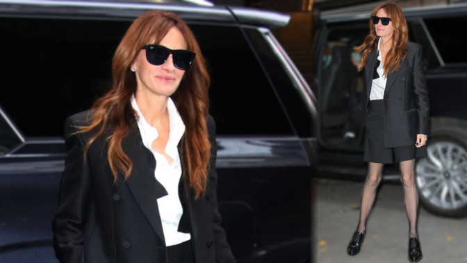 Outfit pro ženy 50+ podle Julie Roberts: Kraťasy nad kolena zkombinujte s oversize sakem a oxfordkami