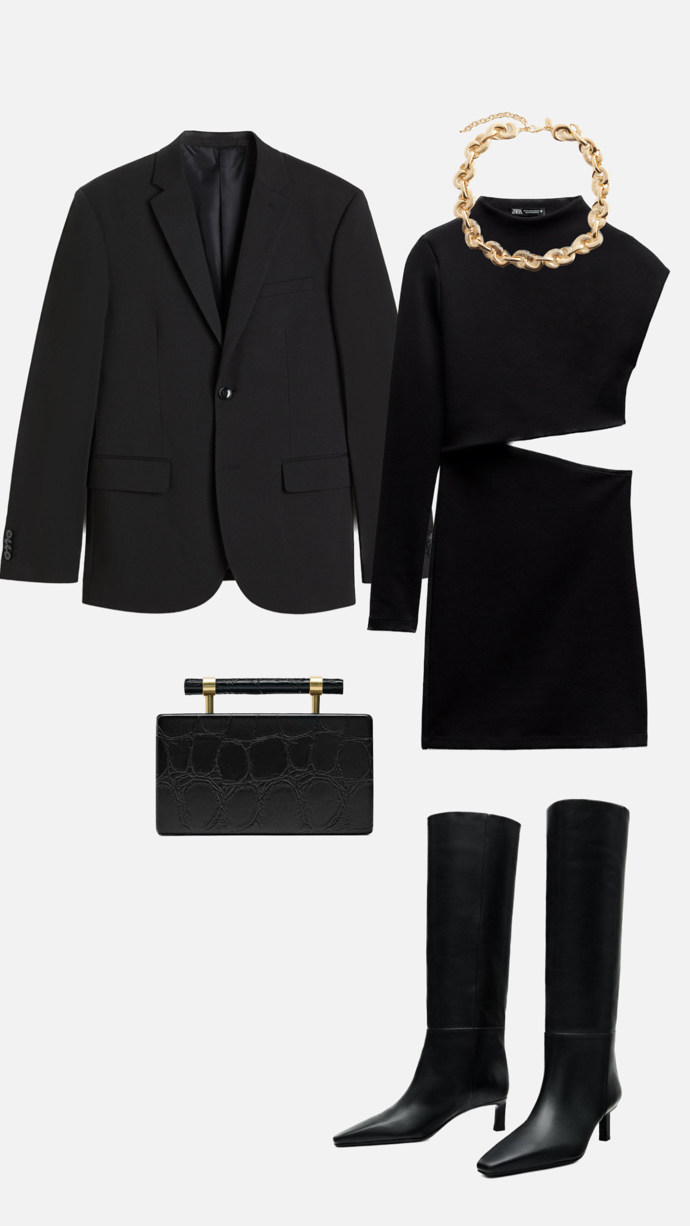 Černé sako a minišaty v outfitu od stylistky Nikoly Markové.