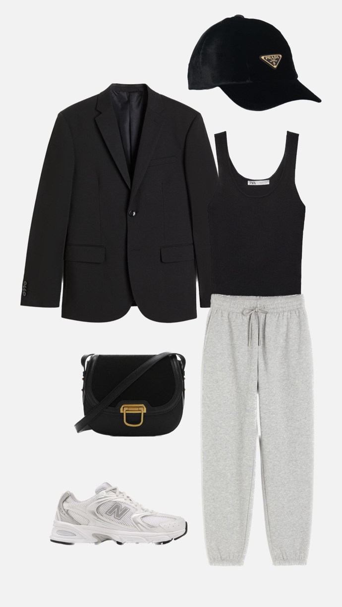 Černé sako a tepláky v outfitu od stylistky Nikoly Markové.