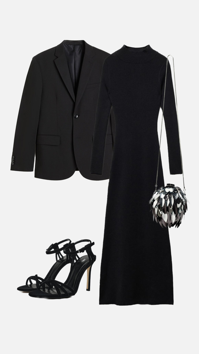 Černé sako a maxi délka šatů v outfitu od stylistky Nikoly Markové.