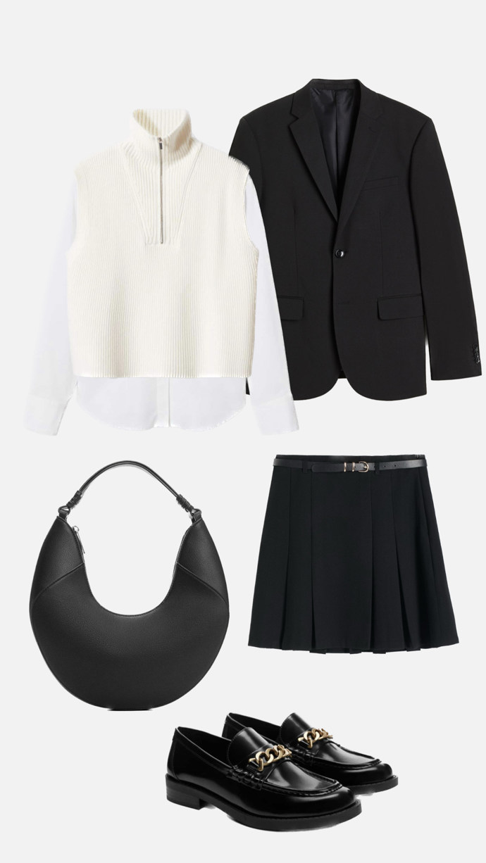 Černé sako a minisukně v outfitu od stylistky Nikoly Markové.