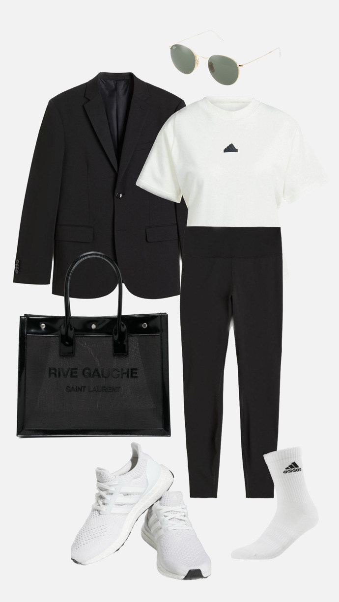 Černé sako a legíny v outfitu od stylistky Nikoly Markové.