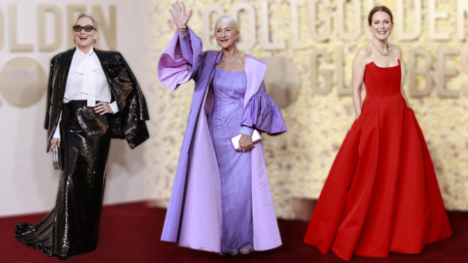 Zlaté glóby 2024: Meryl Streep ve flitrech a Julianne Moore v rudé sklidily ovace, Helen Mirren v lila barvě rozpaky