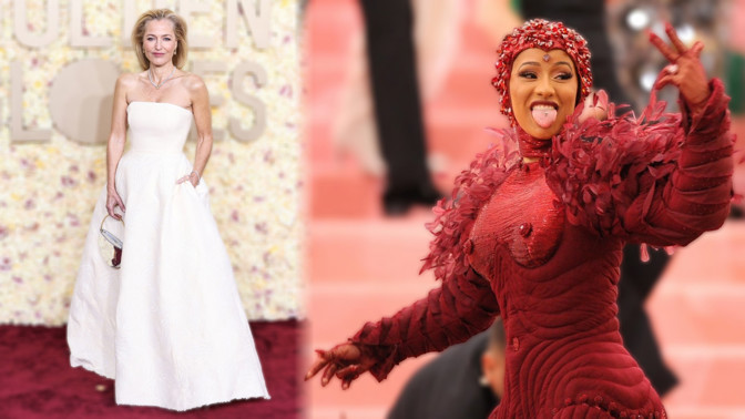 Gillian Anderson pošitá ženským klínem, Cardi B s kamínky vytvořenými ňadry: Slavné dámy v módě oslavují intimní partie