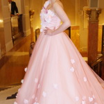 Zpěvačka Celeste Buckingham při příchodu ohromila velkou růžovou róbou s květy... dokud se k novinářům neobrátila zády.