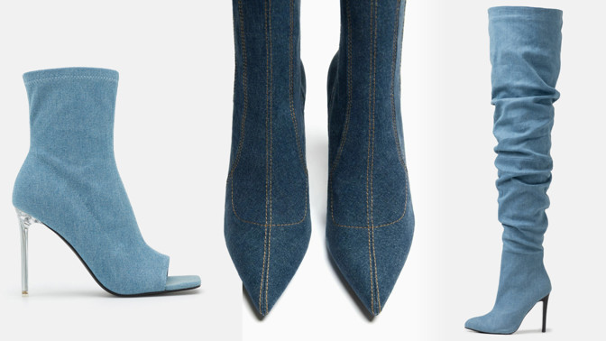Džínové boty budou trendem jara 2024: Denim oblékají kozačky nad kolena, lodičky i balerínky