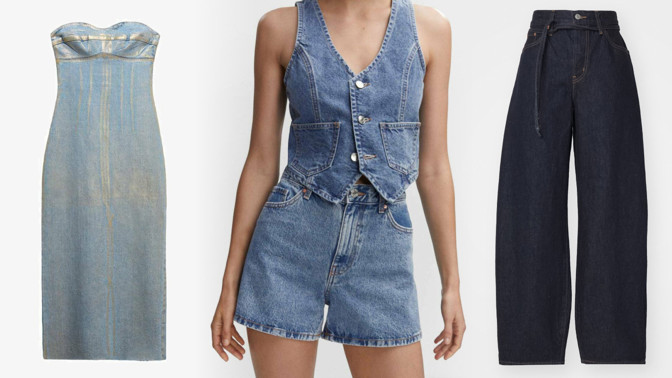 Nejdůležitější džínové kousky jara 2024: Barrel jeans, korzetové šaty a vestička na tělo